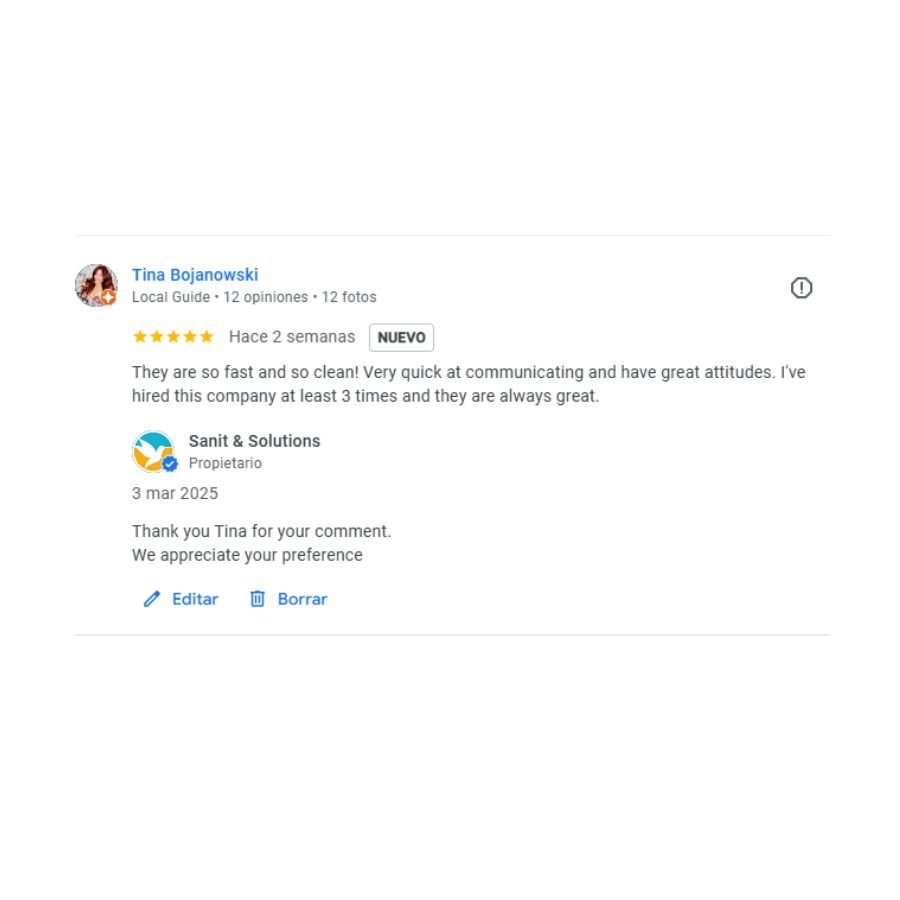 Comentario positivo de cliente sobre servicio de limpieza profesional en Tulum