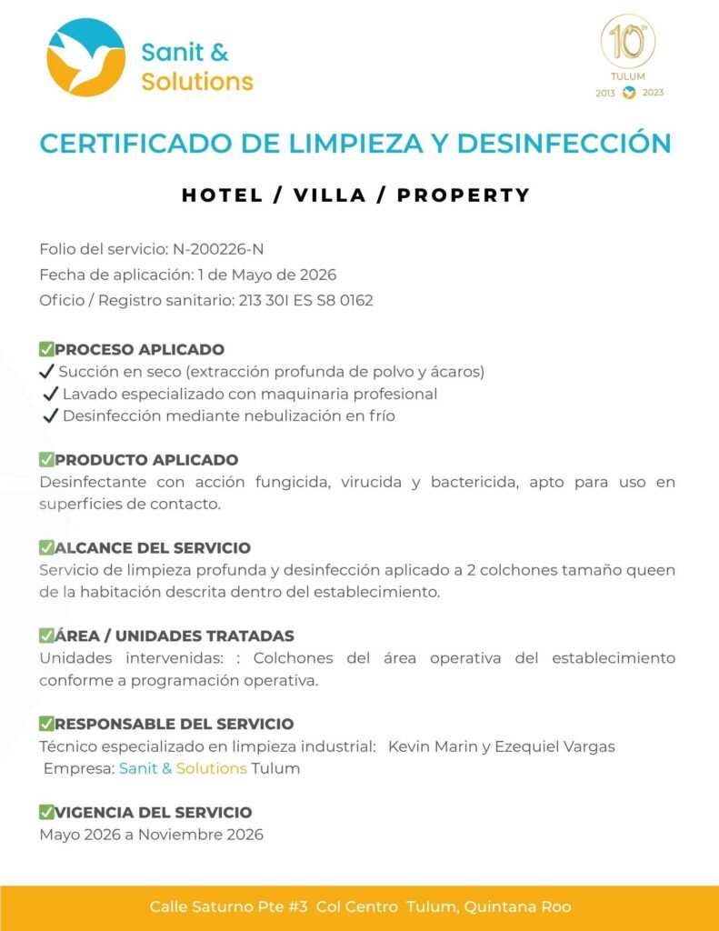 Certificado profesional de limpieza y desinfección de colchones para hoteles y propiedades en Tulum realizado por Sanit Solutions.