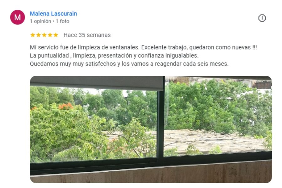 Comentario de cliente sobre limpieza de vidrios en Tulum