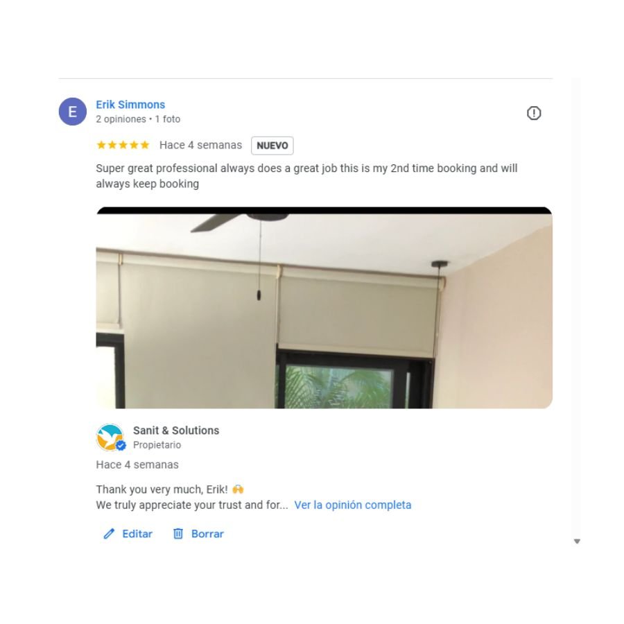 Comentario de cliente sobre limpieza de cortinas roller en Tulum