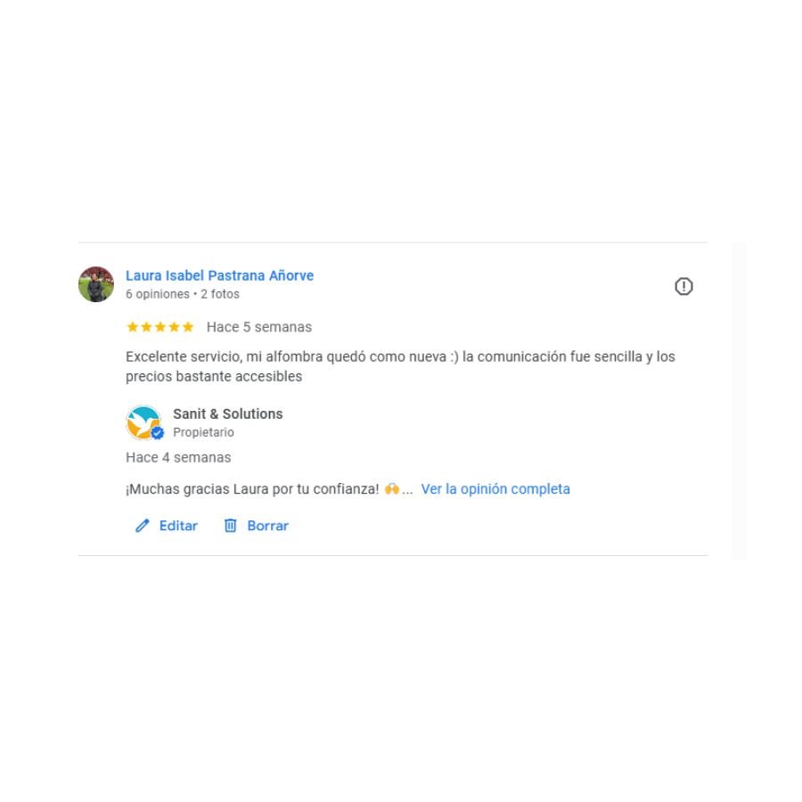 Comentario de cliente sobre limpieza de alfombra en Tulum