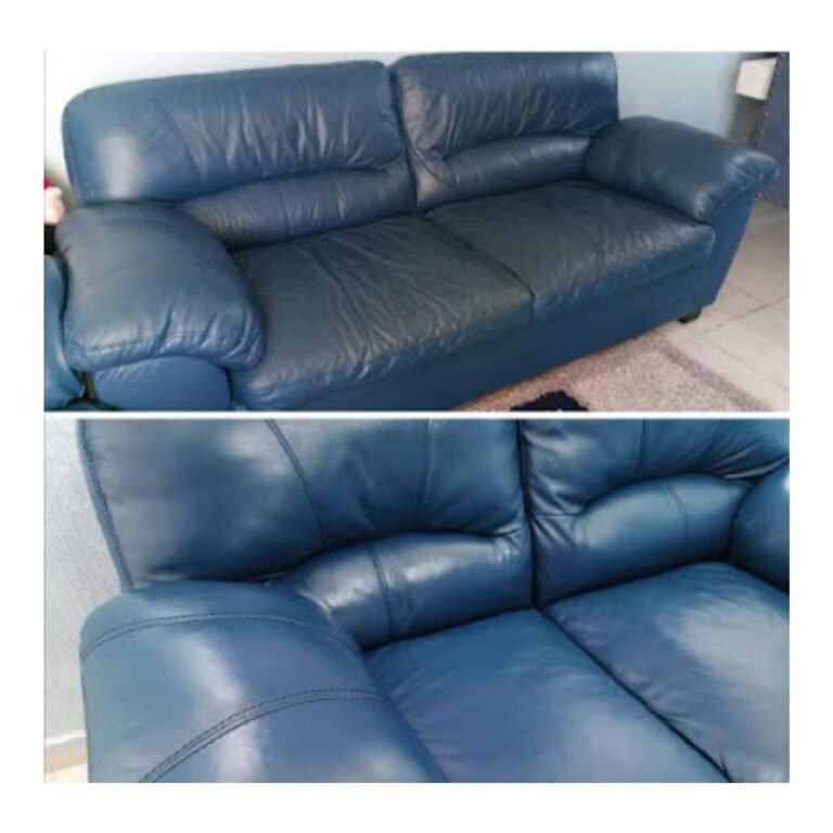 Lavado profesional de sofá de piel azul realizado por Sanit Solutions en Tulum