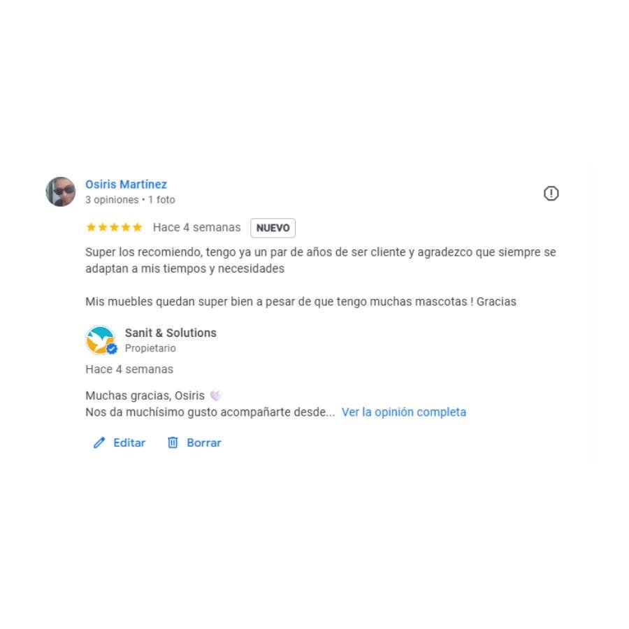 Comentario en Google sobre limpieza profesional de sofás realizada por Sanit Solutions en Tulum