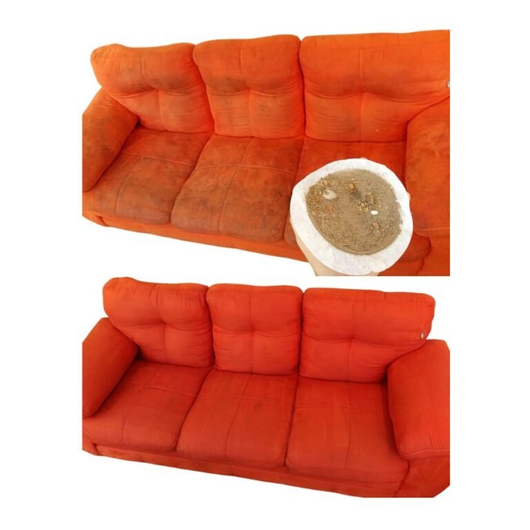 Limpieza profesional de sofá naranja en Tulum con extracción de suciedad y secado rápido.