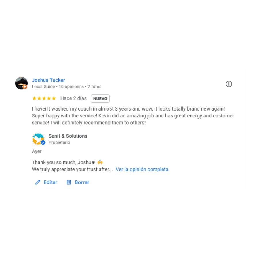 Comentario en Google sobre limpieza de sofás a domicilio realizada por Sanit Solutions en Tulum