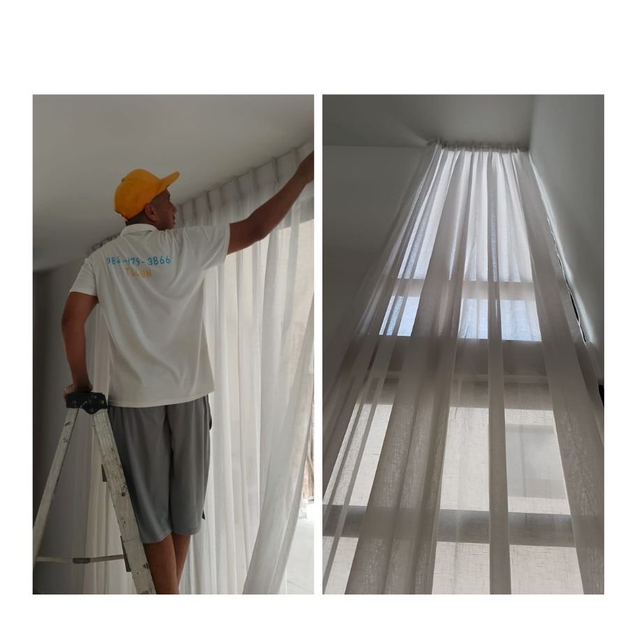 Limpieza profesional de cortinas altas en Tulum