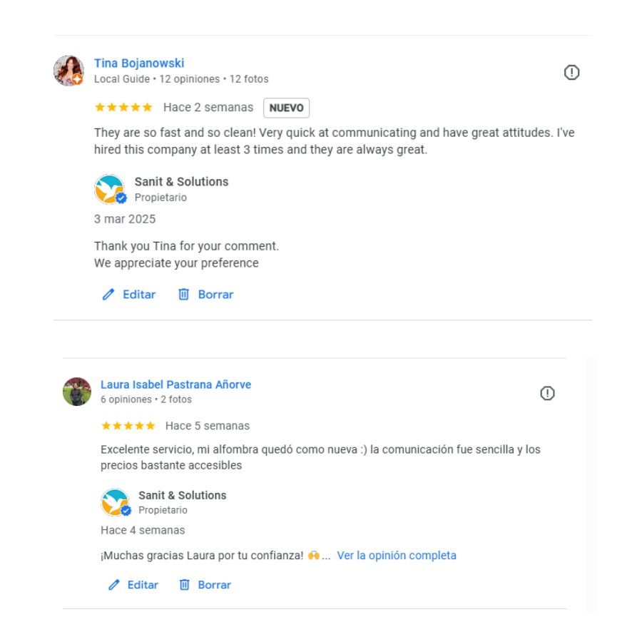 Testimonios reales de clientes de Sanit Solutions Tulum sobre limpieza profesional de colchones y alfombras