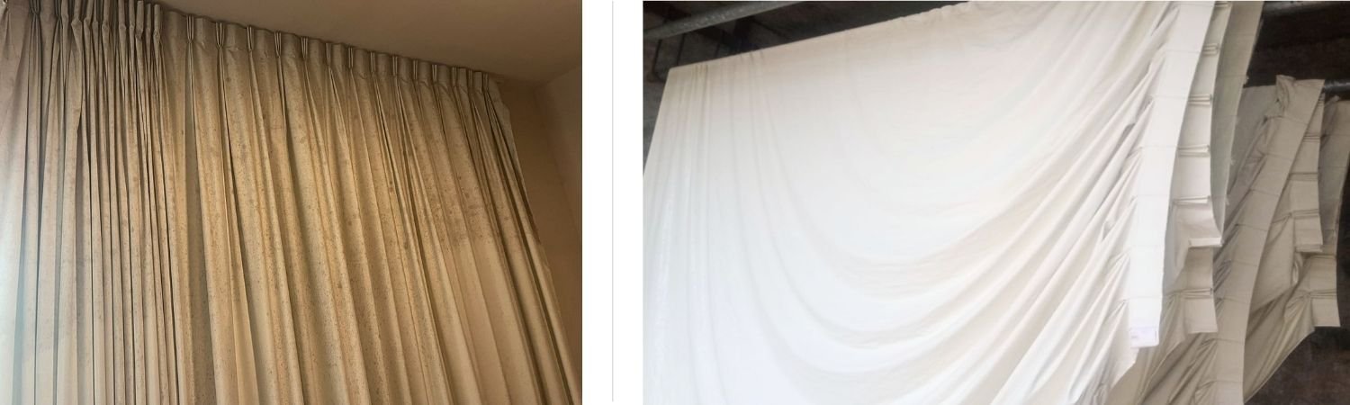 Antes y después del lavado profesional de cortinas realizado por Sanit Solutions en Tulum