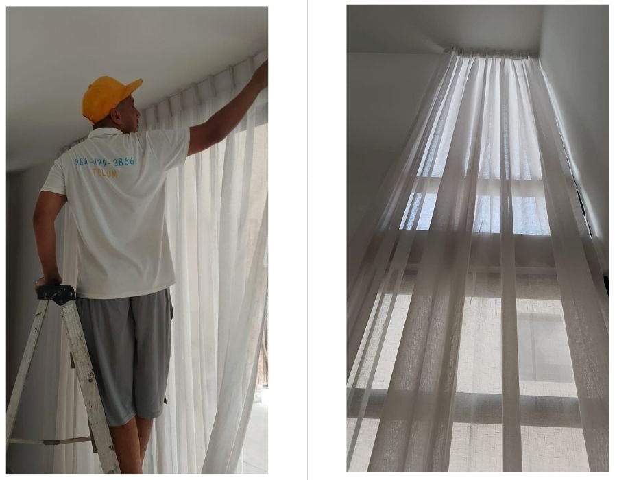 Técnico de Sanit Solutions realizando limpieza de cortinas en Tulum