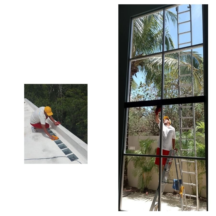 Limpieza profesional de vidrios en altura en Tulum realizada por Sanit Solutions