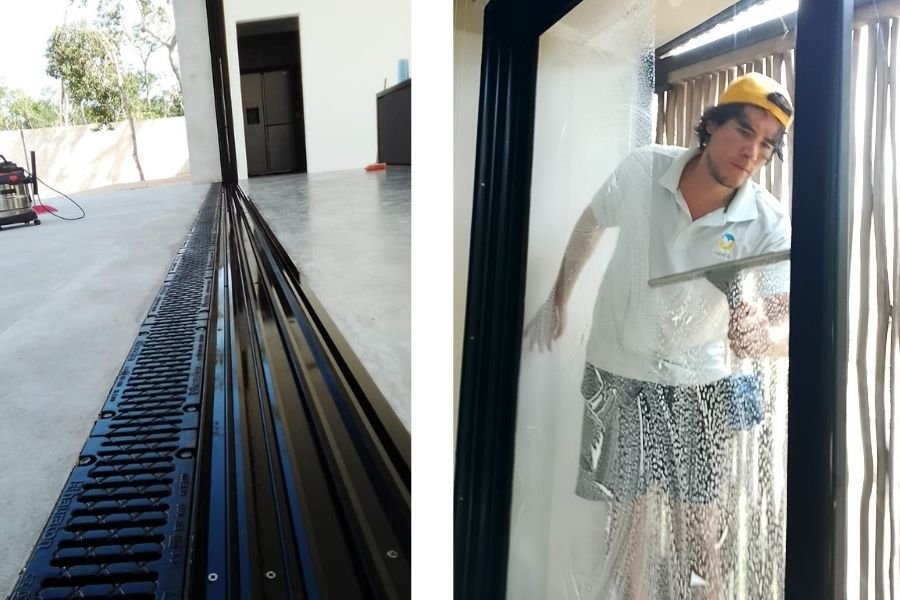 Limpieza de cancelería, carriles y ventanales durante limpieza final de obra en Tulum