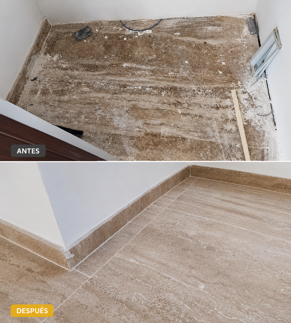 Antes y después de limpieza final de obra en piso cerámico realizada por Sanit Solutions en Tulum.