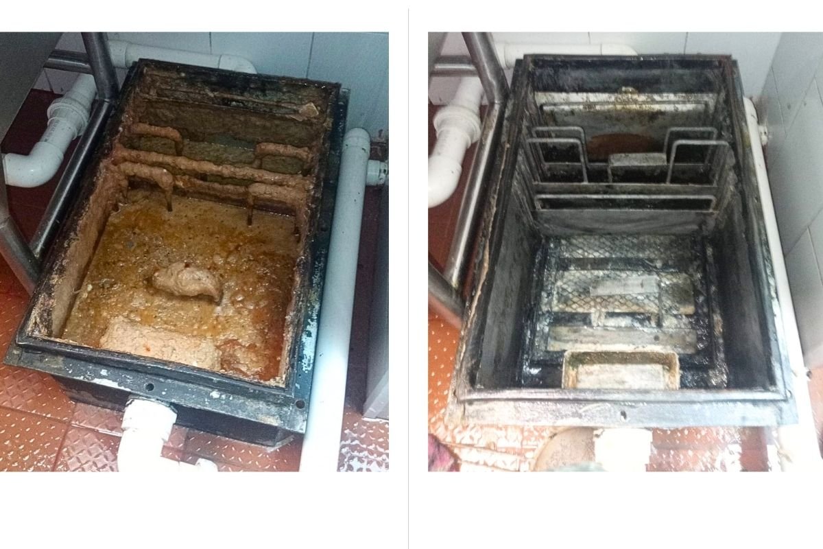 Antes y después de limpieza profesional de trampa de grasa en restaurante de Tulum, mostrando retiro de residuos y limpieza completa de compartimentos internos.