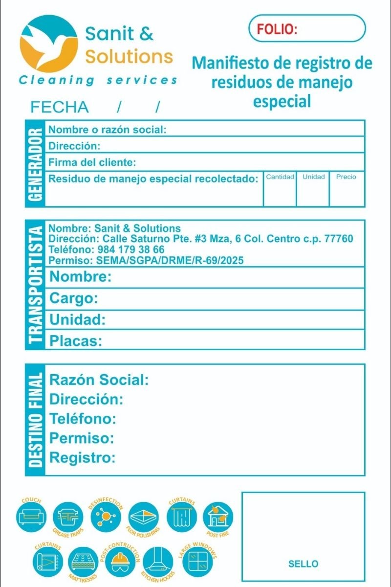 Manifiesto de registro de residuos de manejo especial emitido por Sanit Solutions con permiso SEMA.