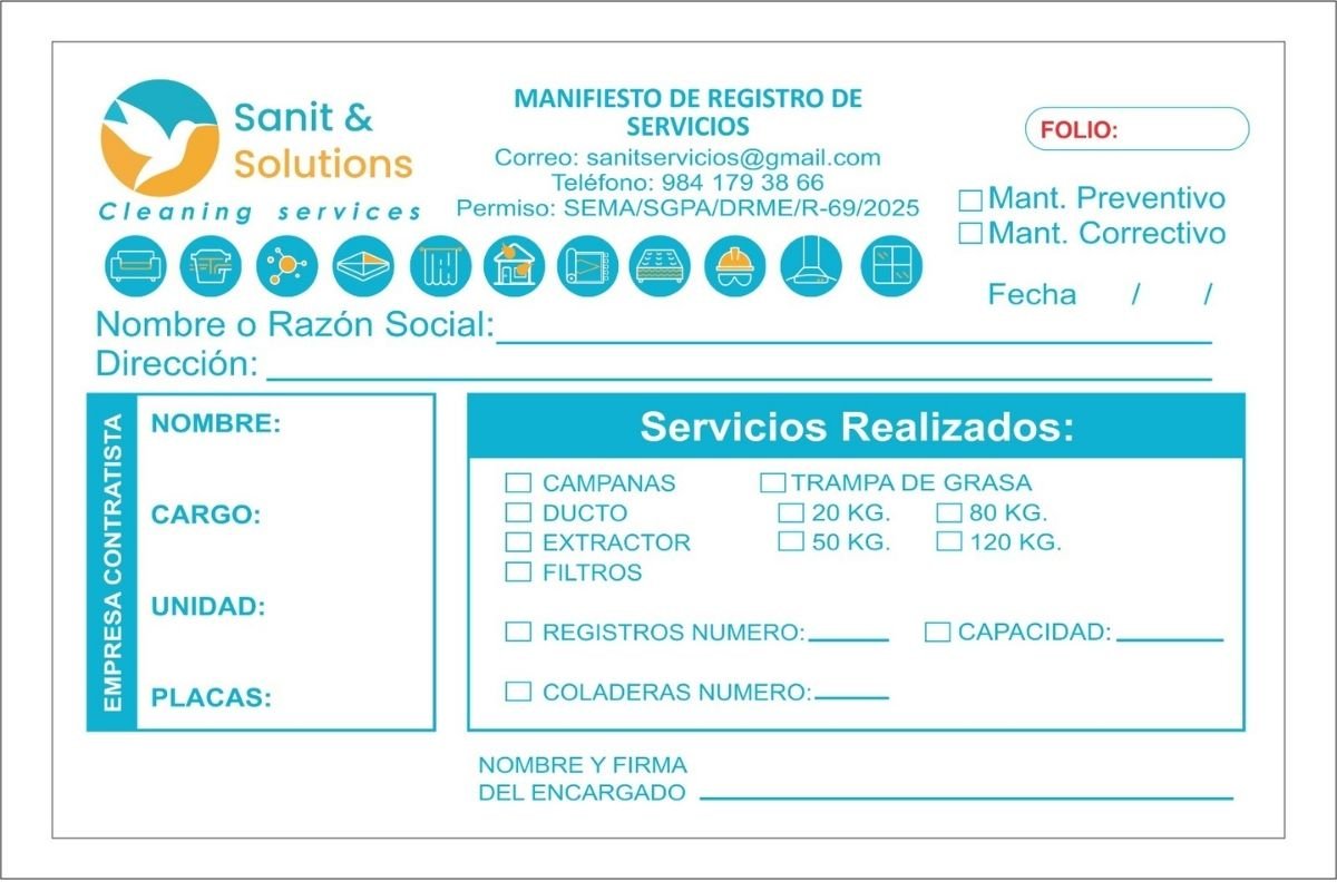 Manifiesto de servicio para limpieza de campanas, filtros y ductos de extracción en cocinas comerciales.