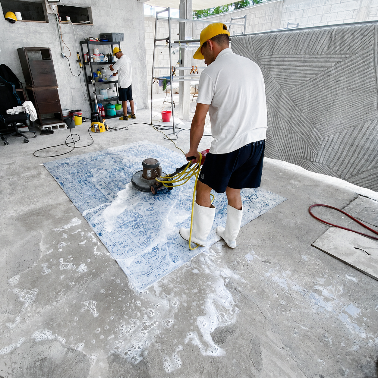 Técnico de Sanit Solutions lavando una alfombra en Tulum, Quintana Roo